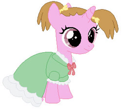 Size: 306x278 | Tagged: safe, artist:cheerful9, imported from derpibooru, oc, oc only, oc:bright flower, pony, unicorn, base used, base:selenaede, bow, clothes, cute, dress, female, filly, foal, hair bow, horn, ocbetes, smiling, solo