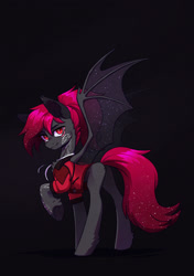 Size: 1500x2133 | Tagged: safe, artist:koviry, imported from derpibooru, oc, oc only, oc:julia sunlight, bat pony, pony, adult blank flank, bat ponified, blank flank, clothes, colored ears, commission, ethereal mane, eye markings, eyelashes, facial markings, fangs, female, female oc, frog (hoof), gradient background, gray coat, jacket, leg fluff, long tail, looking at you, looking back, looking back at you, mare, mare oc, ponysona, ponytail, race swap, raised hoof, red eyes, red mane, red tail, shiny mane, shiny tail, slender, slit pupils, smiling, smiling at you, solo, spread wings, standing, standing on three hooves, starry ears, starry mane, starry wings, tail, tattoo, thin, three quarter view, transparent wings, turned head, underhoof, wings