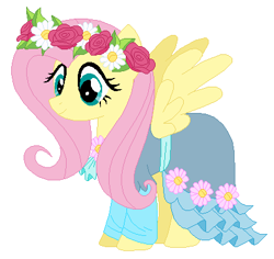 Size: 416x392 | Tagged: safe, artist:cheerful9, imported from derpibooru, fluttershy, pegasus, pony, base used, base:selenaede, clothes, cute, dress, female, floral head wreath, flower, mare, shyabetes, smiling, solo, spread wings, wings