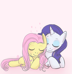 Size: 499x511 | Tagged: artist needed, safe, imported from derpibooru, fluttershy, rarity, pegasus, unicorn, blushing, cuddling, eyes closed, female, flarity, heart, horn, lesbian, shipping