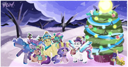 Size: 1080x566 | Tagged: safe, artist:marilucki, imported from derpibooru, hitch trailblazer, izzy moonbow, pipp petals, sunny starscout, zipp storm, bird, dragon, earth pony, pegasus, pony, seagull, unicorn, baby, baby dragon, christmas, christmas tree, clothes, female, g5, hat, holiday, horn, male, mane five, mare, my little pony: make your mark, outdoors, present, snow, sparky sparkeroni, stallion, tree, winter, winter hat, winter outfit, winter wishday