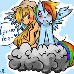 Size: 500x500 | Tagged: artist needed, safe, imported from derpibooru, applejack, rainbow dash, pegasus, applejack's hat, blushing, cloud, cowboy hat, female, hat, signature, speech bubble