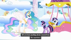 Size: 640x360 | Tagged: safe, edit, edited screencap, imported from derpibooru, screencap, princess celestia, rarity, twilight sparkle, alicorn, pegasus, pony, unicorn, background pony, caption, horn, hot air balloon, meme, youtube caption