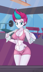 Size: 2189x3600 | Tagged: safe, artist:dibujoschidosdelabad, edit, imported from twibooru, zipp storm, human, equestria girls, abs, belly, belly button, busty zipp storm, collarbone, commission, cropped, cutie mark on human, equestria girls-ified, eyelashes, eyeshadow, female, g5, g5 to equestria girls, g5 to g4, generation leap, gym, image, looking at a mirror, makeup, mirror, png, ripped zipp, solo, solo female, thin, towel