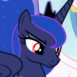 Size: 500x500 | Tagged: safe, edit, edited screencap, imported from derpibooru, screencap, princess celestia, princess luna, alicorn, pony, between dark and dawn, season 9, spoiler:s09, cropped, crown, eye color change, female, jewelry, looking at you, mare, my little pony, red eyes, regalia, smiling, solo focus, wrong eye color