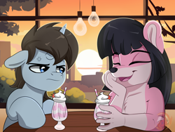 Size: 3000x2250 | Tagged: safe, artist:joaothejohn, imported from derpibooru, oc, oc:peterpony, fox, pony, unicorn, angry, bruh, cute, drink, duo, eyes closed, floppy ears, furry, horn, indoors, laughing, looking at each other, looking at someone, meeting, milkshake, sitting, sunset, table, tree