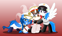 Size: 3449x2000 | Tagged: safe, artist:jhayarr23, imported from derpibooru, oc, oc:blue bolt, oc:red rocket, oc:winter white, pegasus, unicorn, equestria at war mod, boots, clothes, cute, glasses, hat, horn, hug, latex, looking at you, peaked cap, rubber, shoes, solar empire, uniform