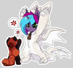 Size: 1200x1118 | Tagged: safe, artist:arctic-fox, imported from derpibooru, oc, oc only, oc:cloud twist, alicorn, bat pony, bat pony alicorn, red panda, unicorn, angy, bat wings, clothes, commission, costume, cute, dragon costume, fight, horn, looking at each other, looking at someone, simple background, solo, wings