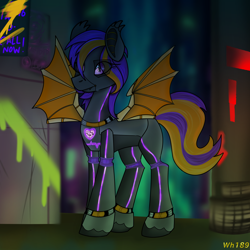 Size: 1140x1140 | Tagged: safe, artist:wh189, imported from derpibooru, oc, oc:bright wings, pony, robot, robot pony, city, cityscape, cyberpunk, graffiti, heart, lights, neon, night, night sky, roboticization, sky, solo, species:pony, spray paint, wires