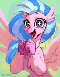 Size: 1488x1888 | Tagged: safe, artist:jewellier, imported from derpibooru, silverstream, classical hippogriff, hippogriff, cute, diastreamies, excited, female, griffon teeth, jewelry, looking at you, necklace, open mouth, open smile, pearl necklace, ponyville, smiling, solo, sparkles, sparkly eyes, wingding eyes, wings