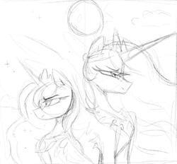 Size: 709x659 | Tagged: safe, artist:flixanoa, imported from derpibooru, princess celestia, princess luna, duo, duo female, female, sketch, traditional art