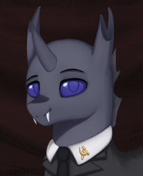 Size: 740x912 | Tagged: safe, artist:mrscroup, imported from derpibooru, oc, oc only, oc:cader scierite, changeling, equestria at war mod, bust, changeling oc, clothes, fangs, hammer and sickle, horn, male, necktie, pin, portrait, smiling, solo