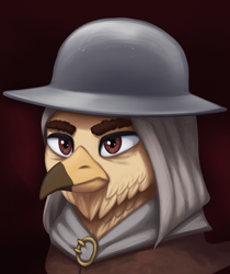 Size: 1510x1799 | Tagged: safe, artist:mrscroup, imported from derpibooru, oc, oc only, oc:erebus (eaw), griffon, equestria at war mod, bust, clothes, griffon oc, hat, portrait, solo