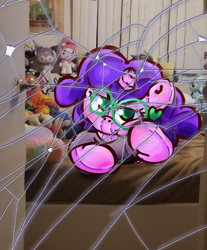 Size: 1896x2286 | Tagged: safe, artist:endercatcore, imported from derpibooru, oc, oc only, oc:artshine aura, original species, plush pony, pony, unicorn, glasses, horn, indoors, looking at camera, lying down, nonbinary oc, plushie, real life background, shattered glass, solo, unicorn oc, watermark