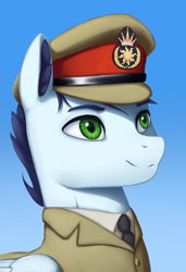 Size: 1332x1947 | Tagged: safe, artist:mrscroup, imported from derpibooru, soarin', pegasus, equestria at war mod, cap, clothes, ear fluff, gradient background, hat, male, military uniform, necktie, solo, stallion, uniform, wings