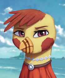 Size: 1376x1643 | Tagged: safe, artist:mrscroup, imported from derpibooru, oc, oc only, oc:duchess ginevra, griffon, equestria at war mod, bust, cloud, female, griffon oc, jewelry, necklace, ocean, portrait, solo, water