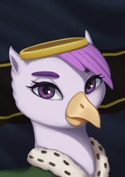 Size: 1447x2046 | Tagged: safe, artist:mrscroup, imported from derpibooru, oc, oc only, oc:taillow sumpfkiel, griffon, equestria at war mod, bust, crown, female, flag background, griffon oc, jewelry, portrait, regalia, solo