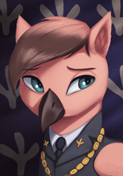 Size: 1470x2100 | Tagged: safe, artist:mrscroup, imported from derpibooru, oc, oc only, oc:francis ix martlewing, griffon, equestria at war mod, bust, clothes, flag background, griffon oc, necktie, portrait, solo, wings