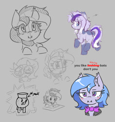 Size: 939x996 | Tagged: safe, artist:morningbullet, imported from derpibooru, oc, oc:lucky roll, oc:noot, bat pony, earth pony, unicorn, bat pony oc, bat wings, blushing, boykisser, censored, censored vulgarity, clothes, earth pony oc, female, gray background, horn, kool-aid man, mare, meme, not minuette, oh yeah, simple background, sketch, sketch dump, unicorn oc, vulgar, wings, you like kissing bats