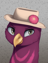 Size: 1599x2100 | Tagged: safe, artist:mrscroup, imported from derpibooru, oc, oc only, oc:margareth featherin, griffon, equestria at war mod, bust, female, griffon oc, hat, portrait, solo