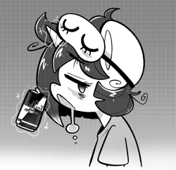 Size: 1395x1352 | Tagged: safe, artist:typhwosion, imported from derpibooru, oc, oc only, oc:zoozy brew, unicorn, black and white, drink, drool, energy drink, grayscale, horn, monochrome, screentone, sleep mask, sleepy, solo