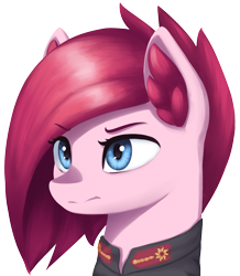 Size: 1371x1572 | Tagged: safe, artist:mrscroup, imported from derpibooru, pinkie pie, earth pony, pony, equestria at war mod, alternate timeline, alternate universe, apinkalypse pie, bust, clothes, crystal war timeline, ear fluff, eyebrows, eyebrows visible through hair, female, mare, military uniform, pinkamena diane pie, portrait, simple background, solo, transparent background, uniform