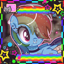 Size: 600x600 | Tagged: safe, artist:scarffist, derpibooru exclusive, edit, imported from derpibooru, rainbow dash, pegasus, pony, 2000s, avatar, base used, big eyes, choker, chokerdash, ear piercing, emo, emodash, eyeshadow, framed picture, icon, lip piercing, makeup, nose piercing, nose ring, nyan cat, picmix, piercing, pink eyes, rainbow, scenecore, solo, stars