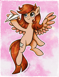 Size: 2277x2963 | Tagged: safe, artist:dariarchangel, imported from derpibooru, oc, oc only, pegasus, pony, adorable face, art trade, bags under eyes, beauty mark, belly, brown hair, brown mane, brown tail, c:, cloud, cute, cute face, cute smile, eye clipping through hair, eyebrows, eyebrows visible through hair, female, female oc, flying, heterochromia, hoof hold, long tail, looking up, mare, mare oc, ocbetes, paper airplane, pegasus oc, pegasus wings, pink sky, pony oc, raised hoof, sky, smiling, solo, spread wings, stars, sweet dreams fuel, tail, traditional art, wholesome, wings