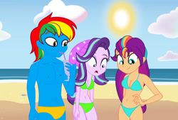 Size: 1086x736 | Tagged: safe, artist:shieldwingarmorofgod, imported from derpibooru, starlight glimmer, sunny starscout, oc, oc:shield wing, human, equestria girls, beach, beanie, belly, belly button, bikini, bra, clothes, drink, female, g5, hat, height difference, male, mane stripe sunny, ocean, physique difference, round belly, sand, slender, speedo, swimsuit, thin, trio, underwear, water