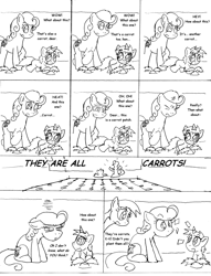 Size: 1012x1327 | Tagged: safe, artist:conner cogwork, imported from derpibooru, carrot top, dinky hooves, golden harvest, comic:life with derpy, carrot top's garden, monochrome