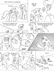 Size: 1012x1327 | Tagged: safe, artist:conner cogwork, imported from derpibooru, carrot top, derpy hooves, golden harvest, pegasus, pony, comic:life with derpy, carrot top's garden, female, mare, monochrome