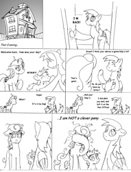 Size: 1012x1327 | Tagged: safe, artist:conner cogwork, imported from derpibooru, carrot top, derpy hooves, dinky hooves, golden harvest, pegasus, pony, comic:life with derpy, carrot top's garden, female, mare, monochrome