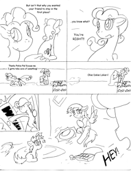 Size: 1012x1327 | Tagged: safe, artist:conner cogwork, imported from derpibooru, carrot top, derpy hooves, dinky hooves, golden harvest, pinkie pie, pegasus, pony, comic:life with derpy, carrot top's garden, female, mare, monochrome