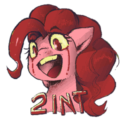 Size: 473x469 | Tagged: safe, artist:buttercupsaiyan, imported from twibooru, pinkie pie, 2 int, blood, creepypasta, crying, dithering, female, horror, image, laughing, meme, pixel art, png, retro, solo, tears of blood, wide eyes