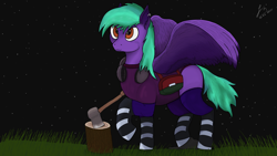 Size: 7680x4320 | Tagged: safe, artist:fanatviski, imported from derpibooru, oc, oc only, oc:felicia swiftwind, pegasus, pony, axe, boots, clothes, ear fluff, female, grass, headphones, mare, night, orange eyes, outdoors, pegasus oc, raised hoof, shoes, socks, solo, spread wings, standing, tail, weapon, wings