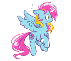 Size: 968x835 | Tagged: safe, artist:fizpup, imported from derpibooru, thistle whistle, pegasus, pony, 3:, blue coat, blush scribble, blushing, closed mouth, emanata, feathered wings, female, floppy ears, flying, g3, green eyes, looking away, mare, nervous, pink mane, pink tail, plewds, simple background, solo, sweat, sweatdrops, tail, two toned mane, white background, wings, yellow mane