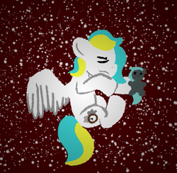 Size: 519x506 | Tagged: safe, artist:cxcd, imported from derpibooru, oc, oc only, oc:alpine needle, pegasus, amputee, blue mane, clock, cutie mark, lying down, plushie, red background, simple background, sleeping, stars, white coat, wings, yellow mane