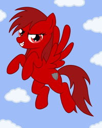 Size: 1638x2050 | Tagged: safe, artist:sin-r, imported from derpibooru, oc, oc only, oc:destiny, pegasus, pony, female, flying, grin, looking at you, mare, pegasus oc, red coat, sky, smiling, solo, wings