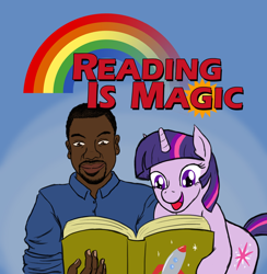 Size: 800x821 | Tagged: safe, artist:atlur, imported from twibooru, twilight sparkle, human, unicorn, banned from derpibooru, book, exploitable meme, female, image, male, meme, png, reading, reading rainbow