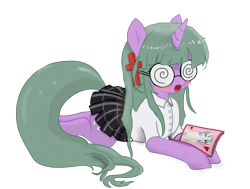 Size: 1557x1177 | Tagged: safe, artist:minecake, imported from derpibooru, twilight sparkle, oc, oc:cake sparkle, pony, unicorn, black skirt, clothes, confessions of a rotten girl, cosplay, costume, cross, glasses, hatsune miku, horn, magazine, school uniform, skirt, solo, swirly eyes, unicorn twilight, uniform, vocaloid