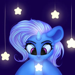 Size: 2000x2000 | Tagged: safe, artist:evildraw, imported from derpibooru, trixie, pony, bust, digital art, glowing, glowing horn, horn, magic, portrait, simple background, smiling, solo, stars