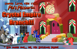 Size: 1118x715 | Tagged: safe, artist:jasperpie, imported from derpibooru, oc, oc:caringslash, oc:cerin, oc:j-pony64, oc:mickey motion, oc:trail grazer, oc:vulpecula, armor, clothes, crystal empire, pie's pizzeria, pie's pizzeria (crystal empire), vest