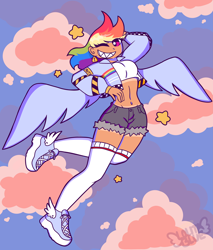 Size: 9837x11572 | Tagged: safe, artist:lolitablue, imported from derpibooru, rainbow dash, human, abs, absurd resolution, belly, belly button, clothes, cloud, cute, dashabetes, female, grin, hoodie, humanized, midriff, one eye closed, shoes, shorts, sky, smiling, sneakers, socks, solo, stars, stockings, tan lines, thigh highs, winged humanization, wings, wink