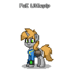 Size: 800x846 | Tagged: safe, artist:blackblade360, edit, edited screencap, imported from derpibooru, screencap, oc, oc only, oc:littlepip, pony, unicorn, fallout equestria, ashes town, bag, brown mane, brown tail, clothes, digital art, female, gray coat, green eyes, horn, jumpsuit, mare, mare oc, pipbuck, pixel art, pony oc, saddle bag, simple background, smiling, tail, transparent background, unicorn oc, vault suit