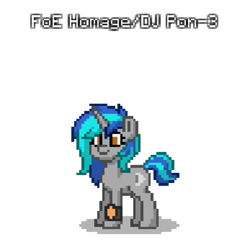 Size: 800x774 | Tagged: safe, artist:blackblade360, edit, edited screencap, imported from derpibooru, screencap, oc, oc only, oc:homage, pony, unicorn, fallout equestria, ashes town, digital art, element of honesty, female, gray coat, horn, mare, mare oc, orange eyes, pipbuck, pixel art, pony oc, simple background, tail, transparent background, two toned mane, two toned tail, unicorn oc