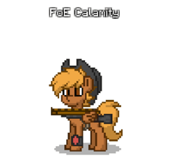 Size: 800x755 | Tagged: safe, artist:blackblade360, edit, edited screencap, imported from derpibooru, screencap, oc, oc:calamity, pegasus, pony, fallout equestria, ashes town, battle saddle, brown coat, brown mane, brown tail, digital art, element of loyalty, hat, male, pegasus oc, pipbuck, pixel art, pony oc, simple background, stallion, stallion oc, tail, transparent background, wings