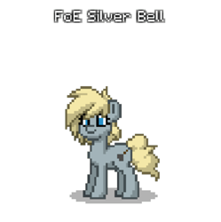 Size: 800x802 | Tagged: safe, artist:blackblade360, edit, edited screencap, imported from derpibooru, screencap, oc, oc only, oc:silver bell, earth pony, pony, fallout equestria, ashes town, curly tail, digital art, earth pony oc, filly oc, gray coat, pixel art, pony oc, simple background, tail, tan mane, tan tail, transparent background