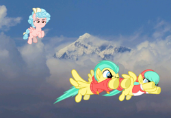 Size: 1563x1080 | Tagged: safe, artist:sollace, artist:starryshineviolet, edit, imported from derpibooru, vector edit, barley barrel, cozy glow, pickle barrel, pegasus, pony, barrel twins, beret, bow, brother and sister, clothes, cloud, colt, everest mountain, female, filly, flying, foal, hair bow, hat, hoodie, irl, looking at someone, male, mountain, outdoors, photo, ponies in real life, shirt, siblings, sky, spread wings, tail, tail bow, trio, trio female and male, twins, vector, wings