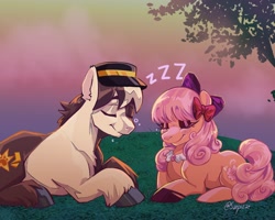 Size: 2500x2000 | Tagged: safe, artist:sarpiza_, imported from derpibooru, oc, oc only, earth pony, pony, bow, duo, duo male and female, eyes closed, female, hair bow, hat, lying down, male, mare, onomatopoeia, outdoors, prone, signature, sleeping, sound effects, stallion, unshorn fetlocks, zzz