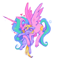 Size: 807x852 | Tagged: safe, artist:bananamewmew, imported from derpibooru, derpy hooves, princess celestia, alicorn, pegasus, pony, :p, derpylestia, duo, female, flying, heart, holding a pony, lesbian, licking, pinklestia, shipping, smiling, tongue out, unshorn fetlocks